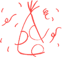 Red line drawing of a tipi with streamers and confetti, suggesting a celebration.