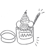 A whimsical illustration of a dessert topped with a cherry and a spoon, next to a ring.