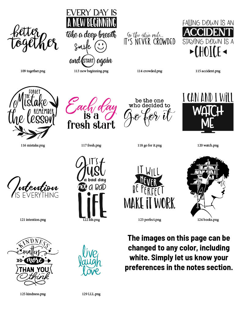 Text-based graphics with inspirational quotes on a white background, customizable in color.
