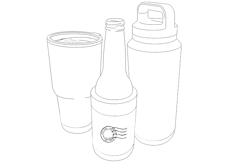 Line drawing of a tumbler, a bottle in a koozie with a logo, and a water bottle.