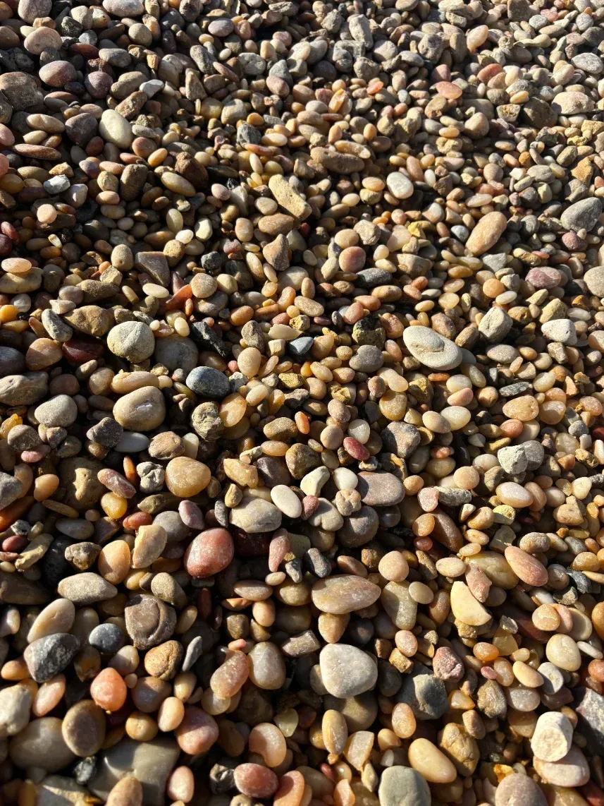 Close-up of smooth multicolored pebbles covering the ground