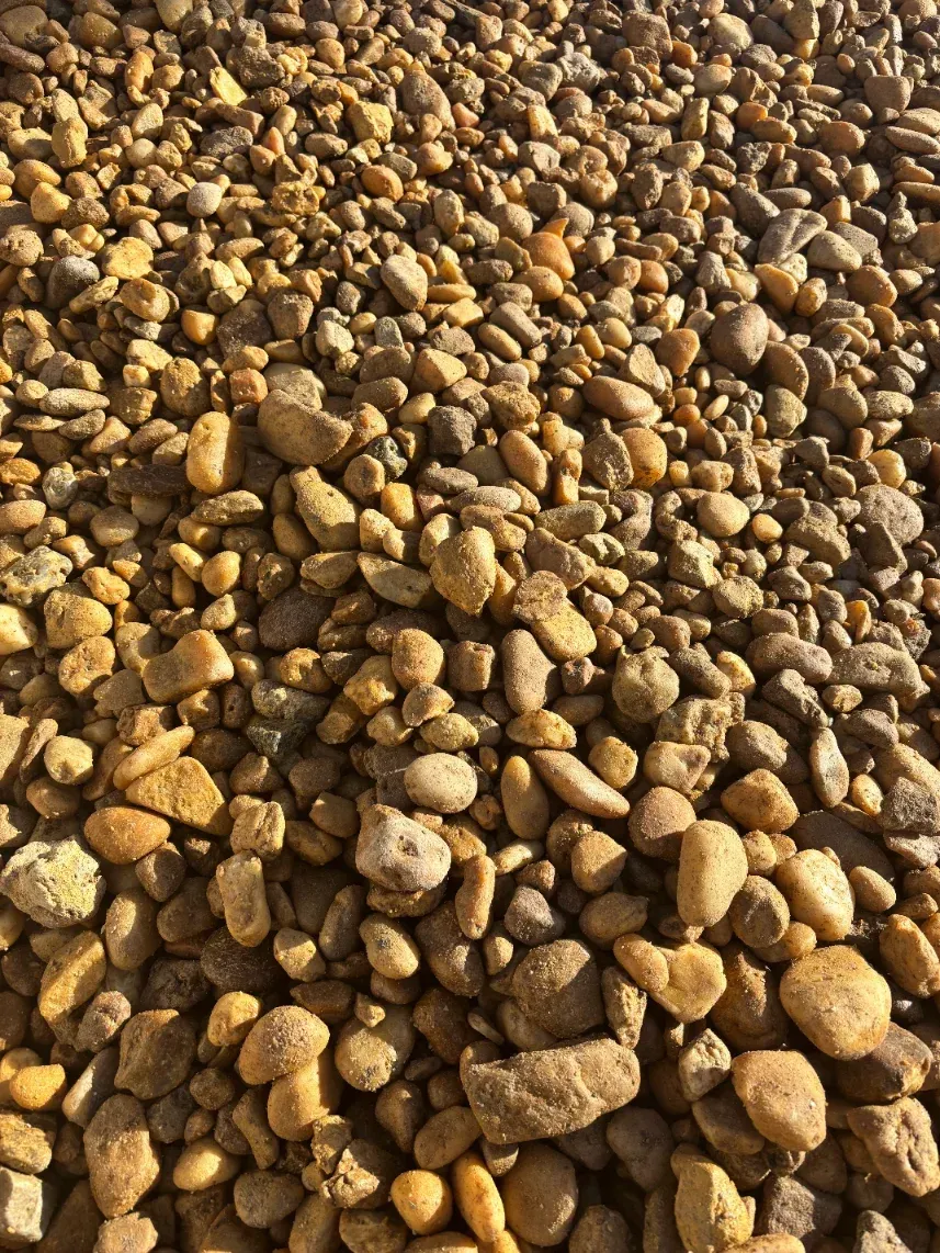 Close-up of a ground covered in small brown and tan pebbles.