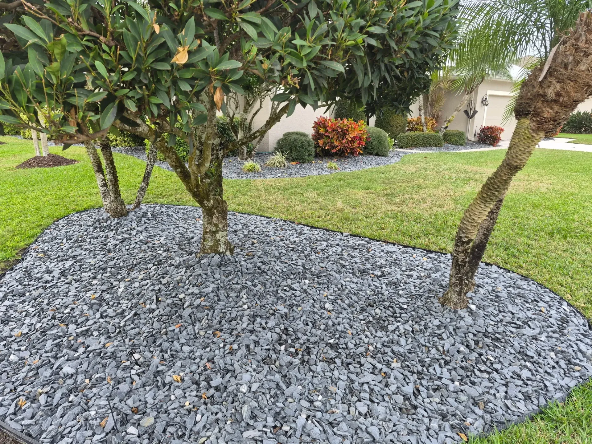 Landscaped garden bed with gray gravel around tree trunks and green shrubs on a lawn