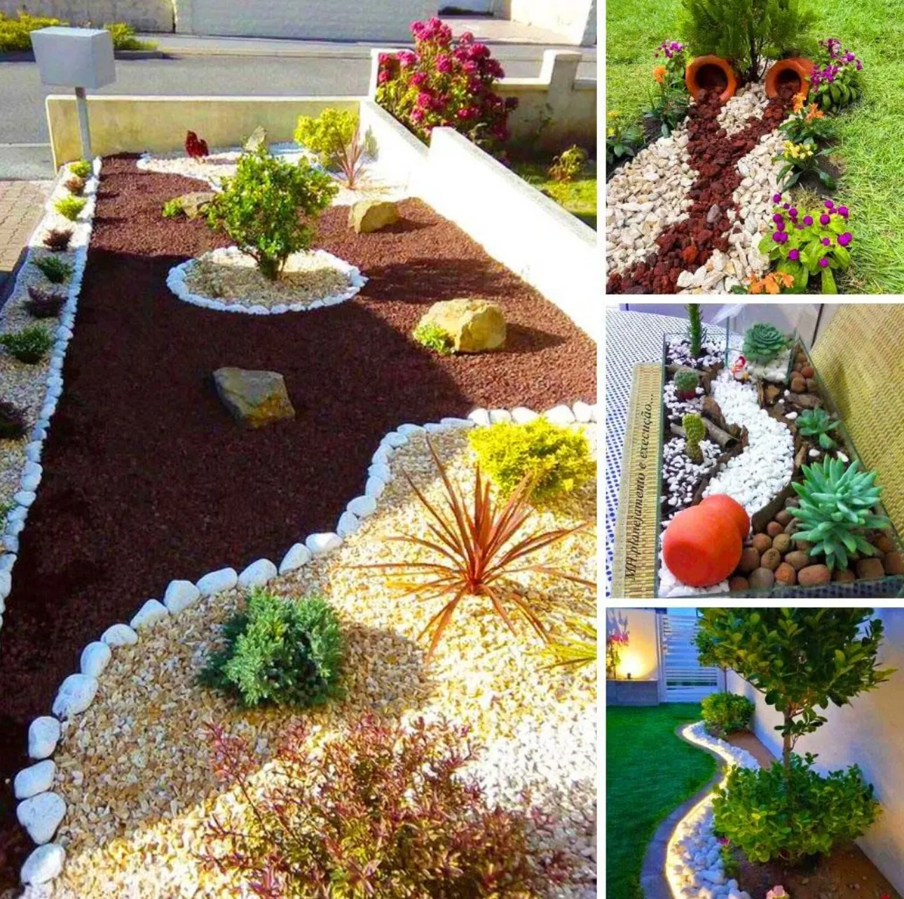 Decorative desert garden with succulents, gravel, white rock borders, and colorful plants on a landscaped yard.