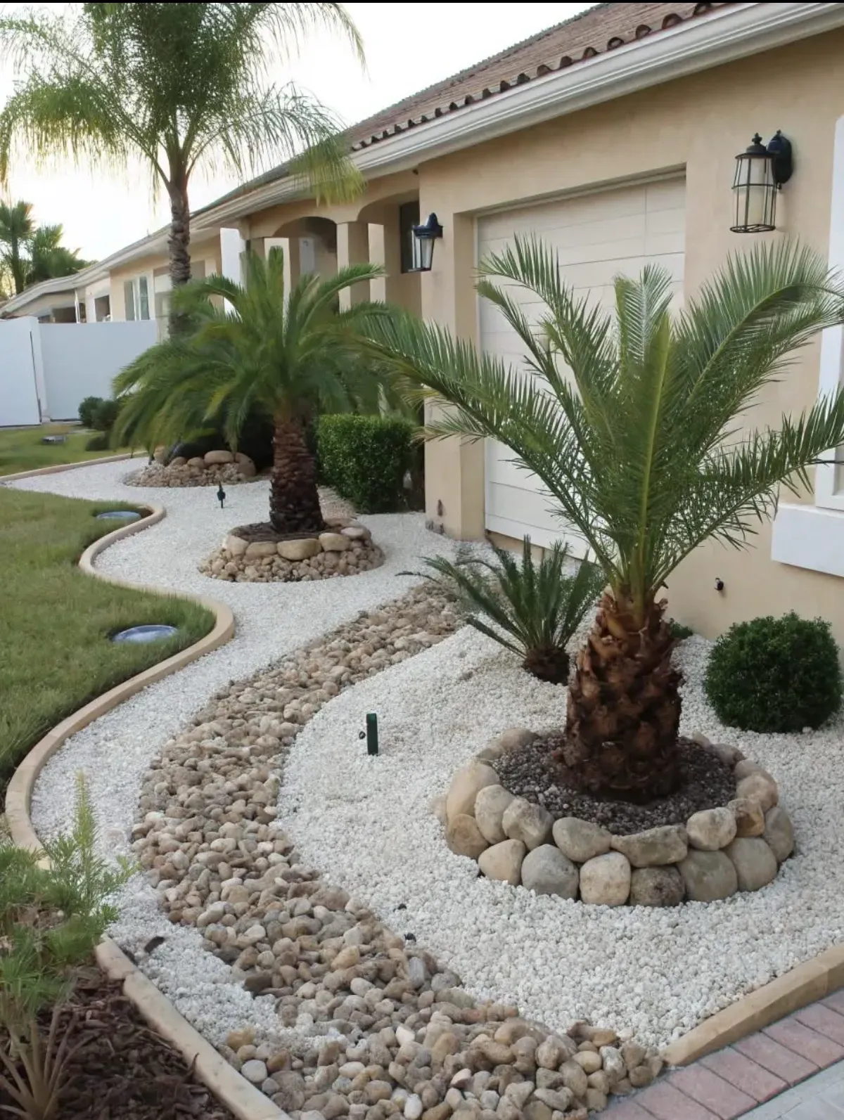 Desert-style front yard with white gravel, palm trees, and a beige stucco house with arched windows.