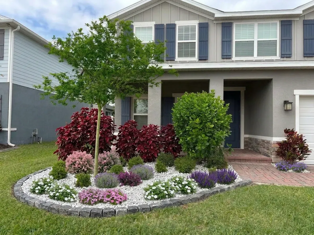 Front yard landscaping with colorful shrubs and a small tree in front of a two-story house