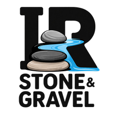 Indian River Stone & Gravel logo with black and blue text and stacked stones icon