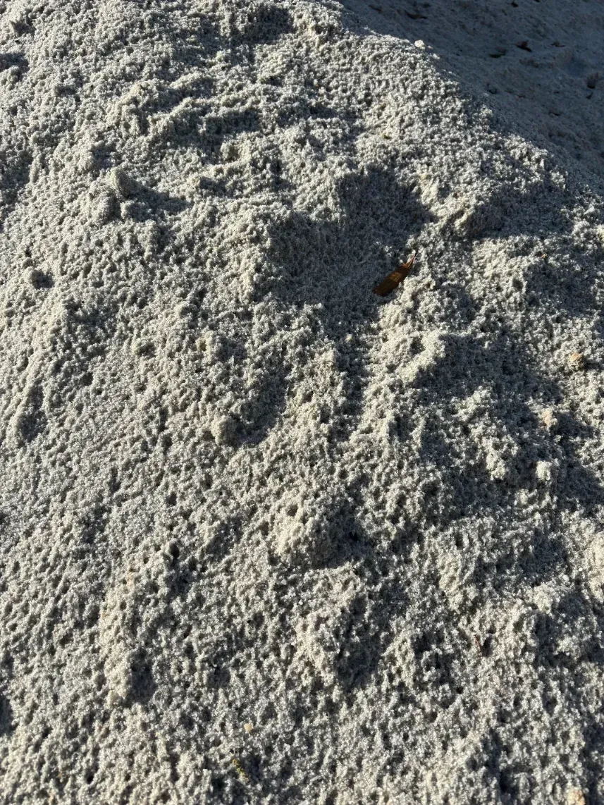 Close-up of light gray, pebbly sand with small shadows and a rough texture