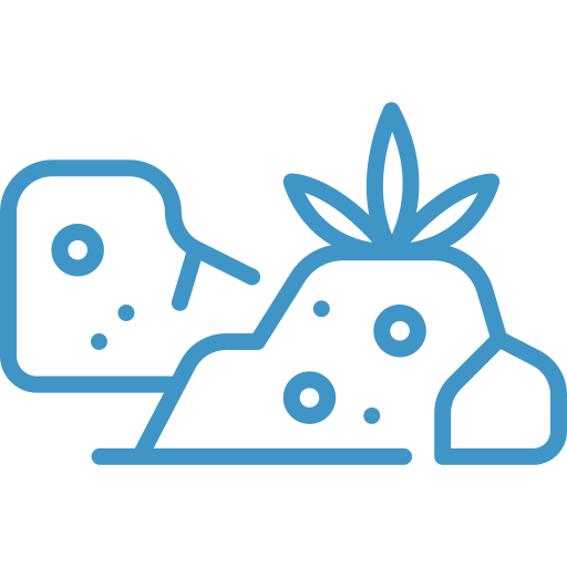 Blue line icon of cheese and a cannabis bud with leaves and holes