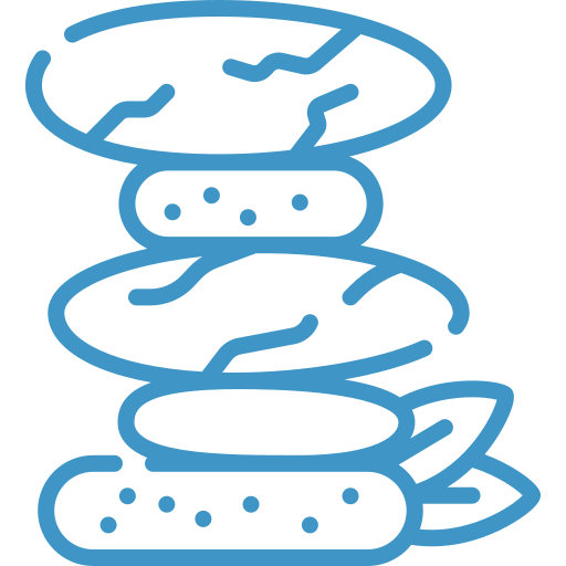 Blue line art of stacked smooth stones, like a balanced zen pebble pile