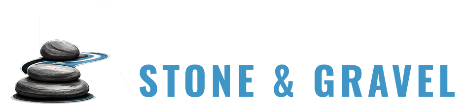 Stone and Gravel logo with stacked gray stones and blue text on a white background