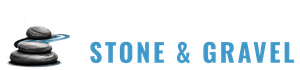 Stone and Gravel logo with stacked gray stones and blue text on a white background