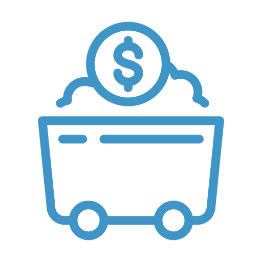 Blue shopping cart icon with a dollar sign coin above it