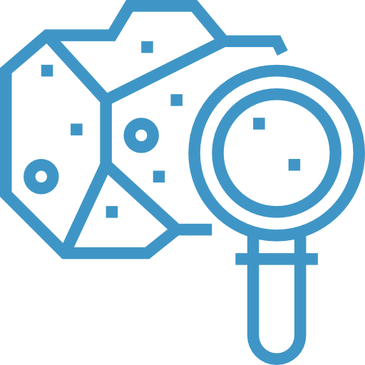 Blue line icon of a magnifying glass inspecting a rock sample with small square details