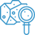 Blue line icon of a magnifying glass inspecting a rock sample with small square details