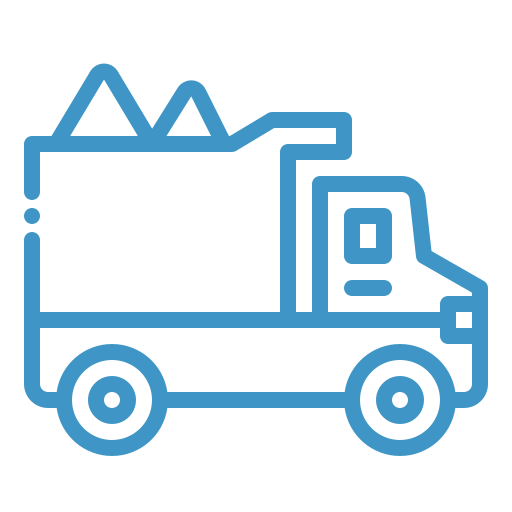 Blue outline icon of a dump truck carrying a load in its open bed