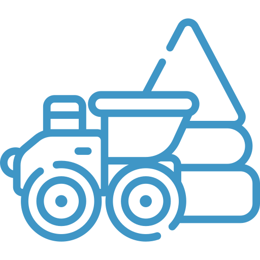 Blue outline icon of a dump truck carrying sand or gravel