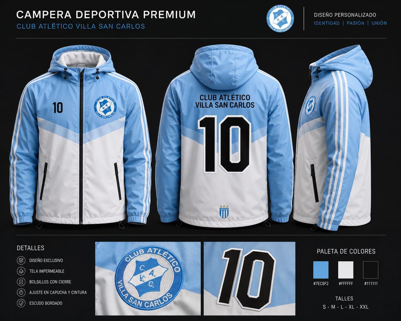 Chaqueta deportiva con capucha azul y blanca, vista frontal, trasera y lateral, con el número 10 y el escudo del equipo.