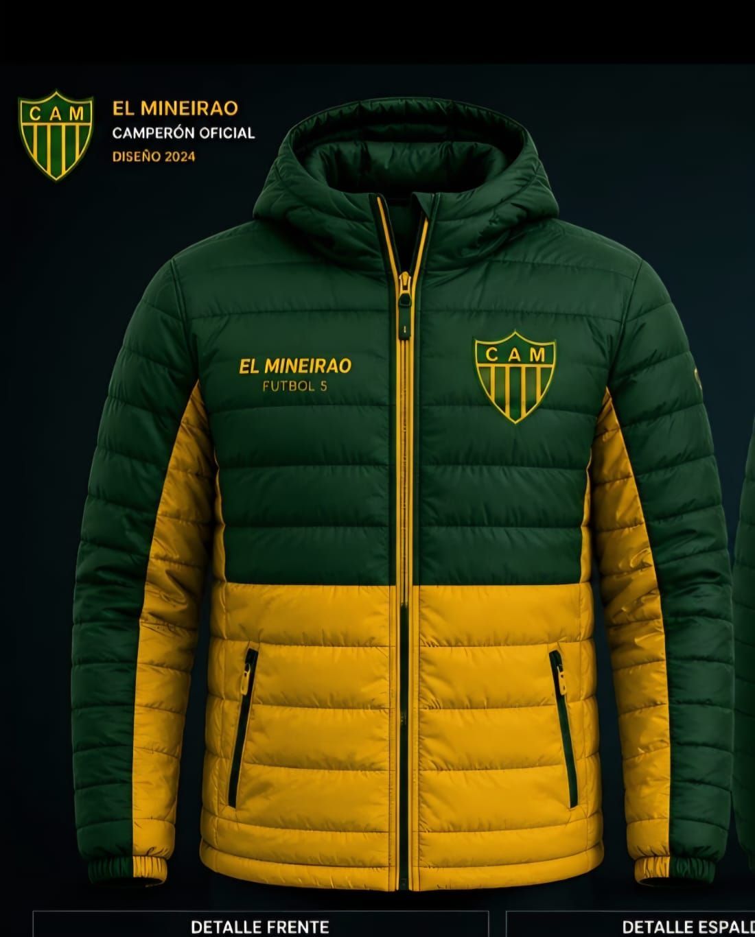 Chaqueta con capucha verde y amarilla con cremallera frontal, logotipo del equipo El Mineroa, vistas frontal y trasera.