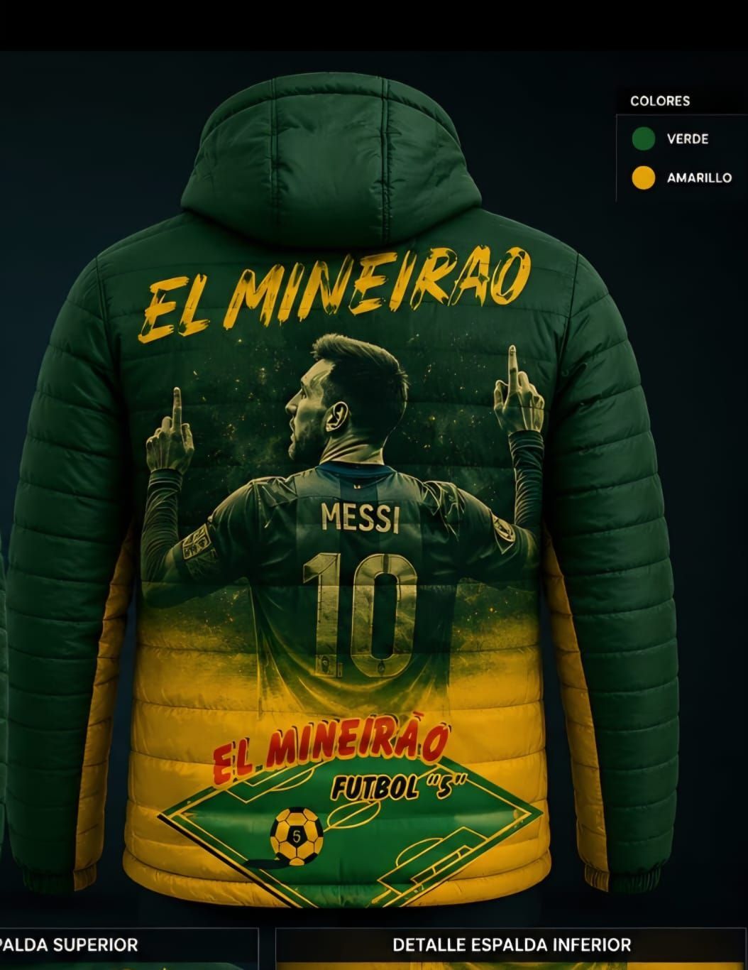 Diseño en la espalda de la chaqueta, de color verde a amarillo, con el nombre de Messi y el texto