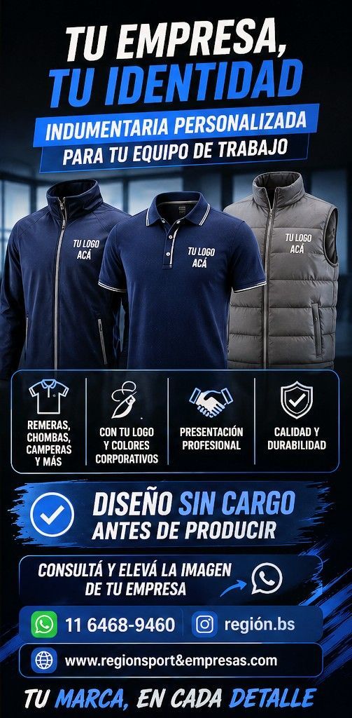 Anuncio en español de uniformes de trabajo personalizados: camisas azul marino, iconos del logotipo