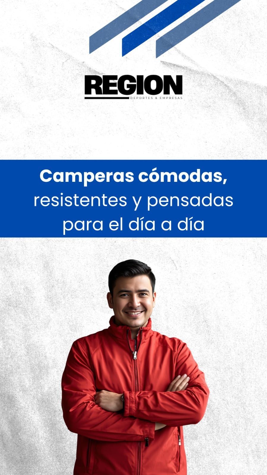 Banner de REGION con texto “Crammers cómodas, resistentes y pensadas para el día a día” y hombre con chaqueta roja
