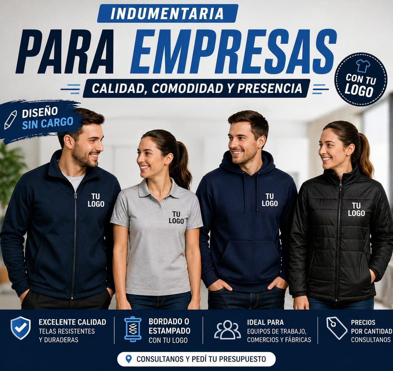 Publicidad de ropa para empresas con cuatro modelos usando prendas azul marino y gris con logo.