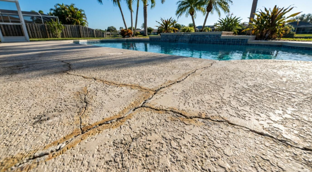 Cracked concrete pool deck beside a blue swimming pool with palm trees and bright sunlight
