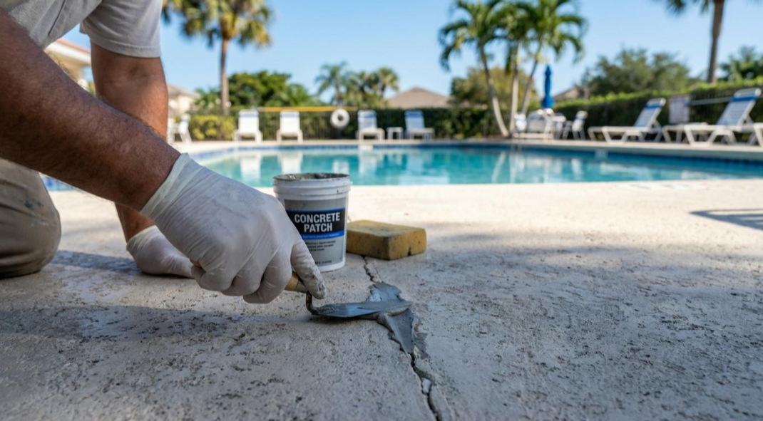 Gloved hand applying sealant to a crack by a pool with palm trees in the background