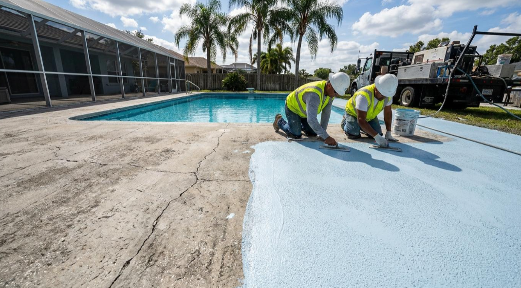 Workers applying blue pool coating beside a swimming pool, with palm trees and a truck in the background