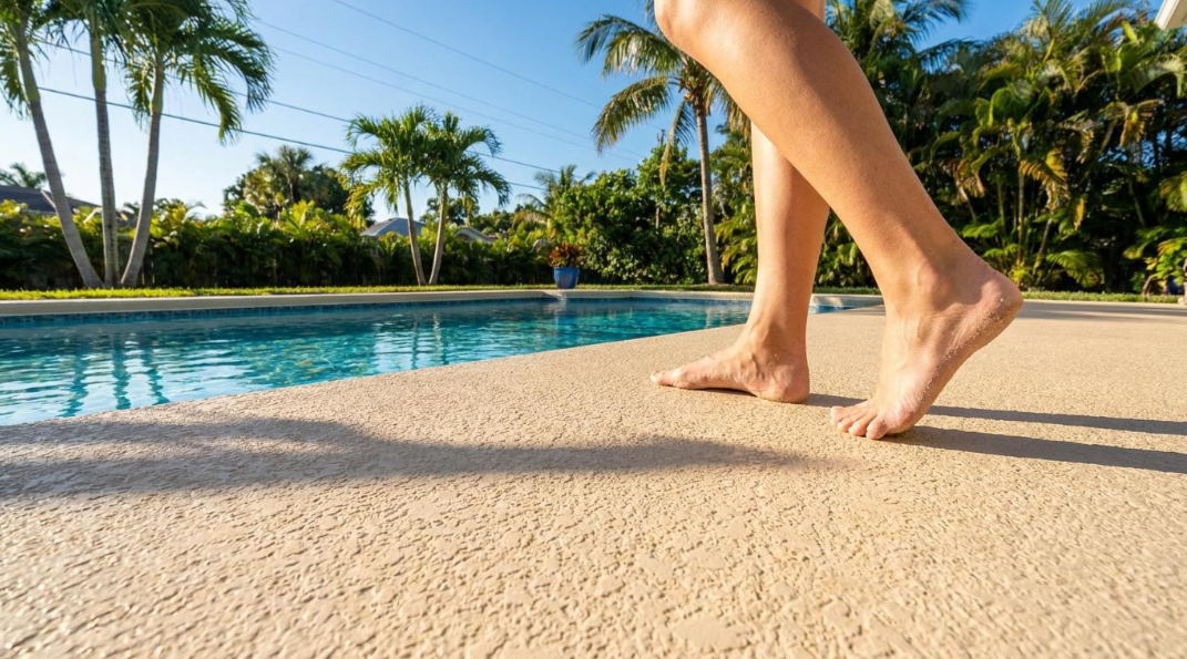 Bare feet walking beside a sunny resort pool with palm trees in the background