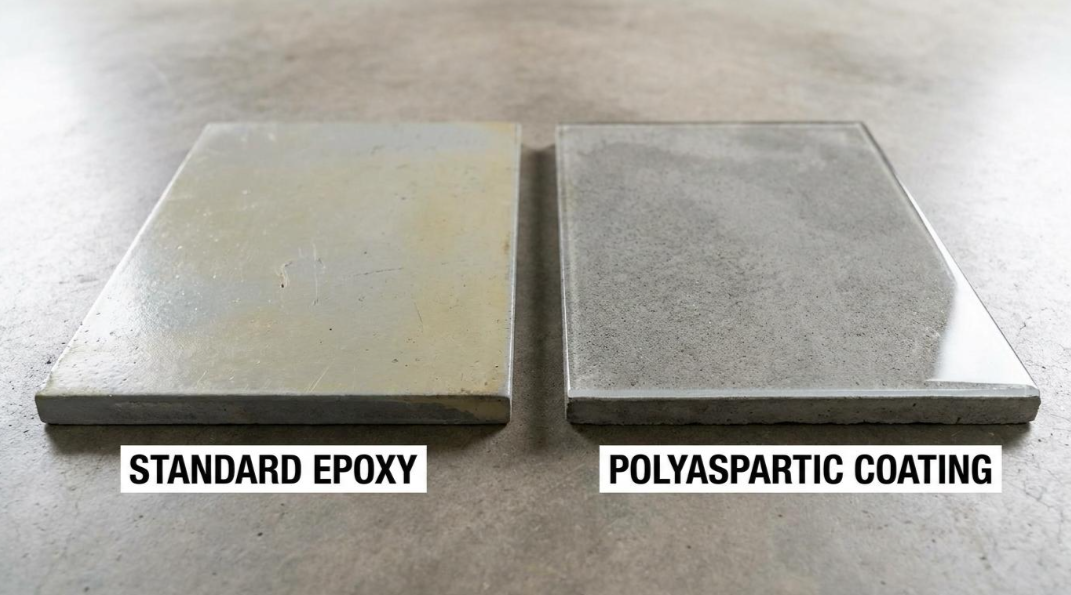 Two coated concrete tiles labeled “Standard Epoxy” and “Polyaspartic Coating” shown side by side.