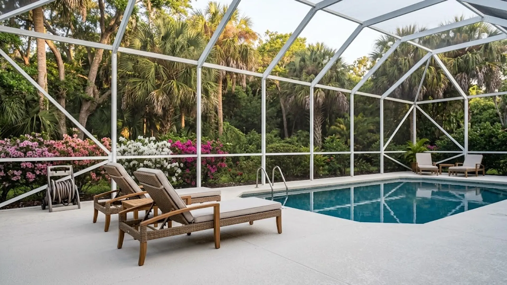 Covered patio with lounge chairs beside a turquoise pool, framed by white screen walls and lush greenery.