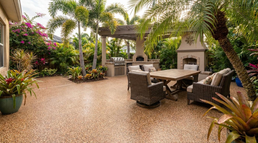 Tropical patio with wicker seating, fire pit, and palm trees around a pebble-finish courtyard