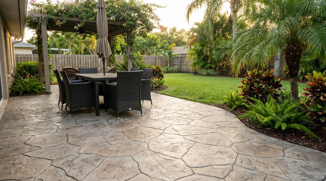 Stone patio with black outdoor dining set beside a lush green garden and palm trees