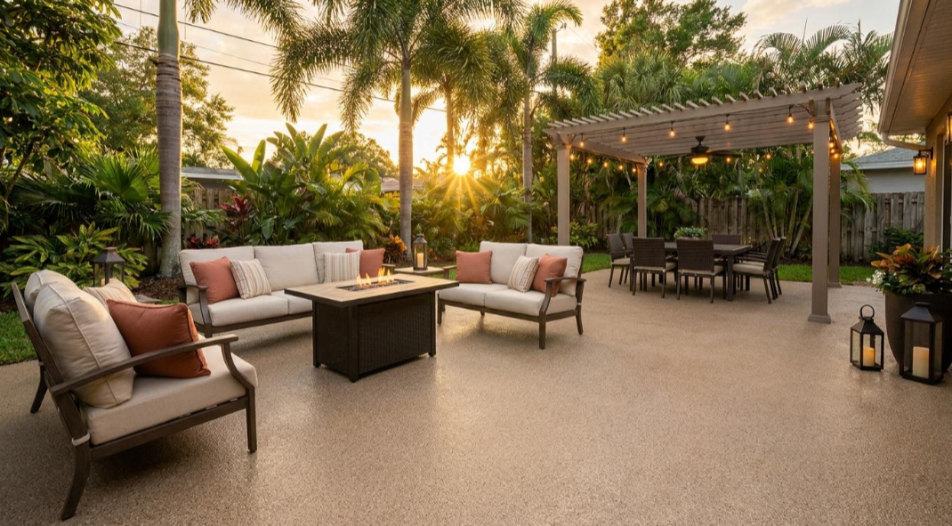 Palm-lined patio with cushioned seating, a fire table, pergola dining area, and warm sunset lighting