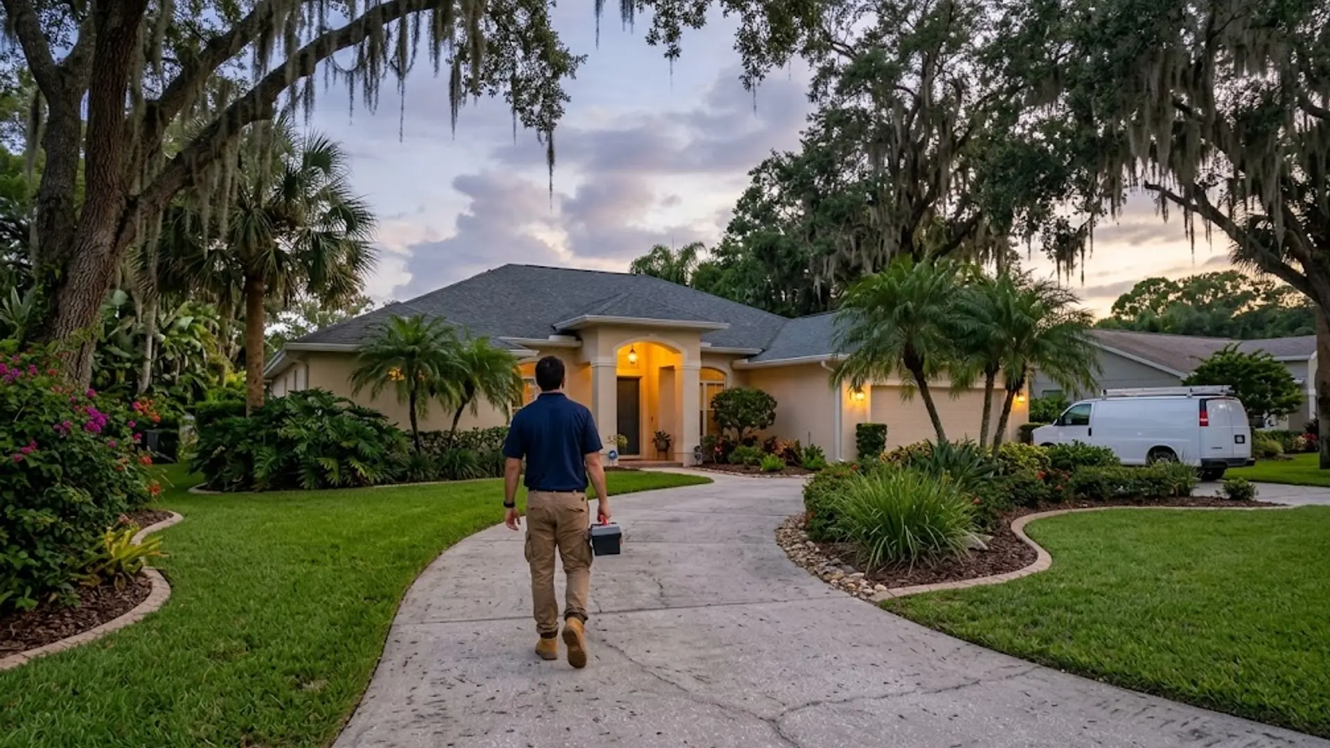 Person walking up a curved driveway toward a lit house at dusk, with a parked car nearby and palm trees around.