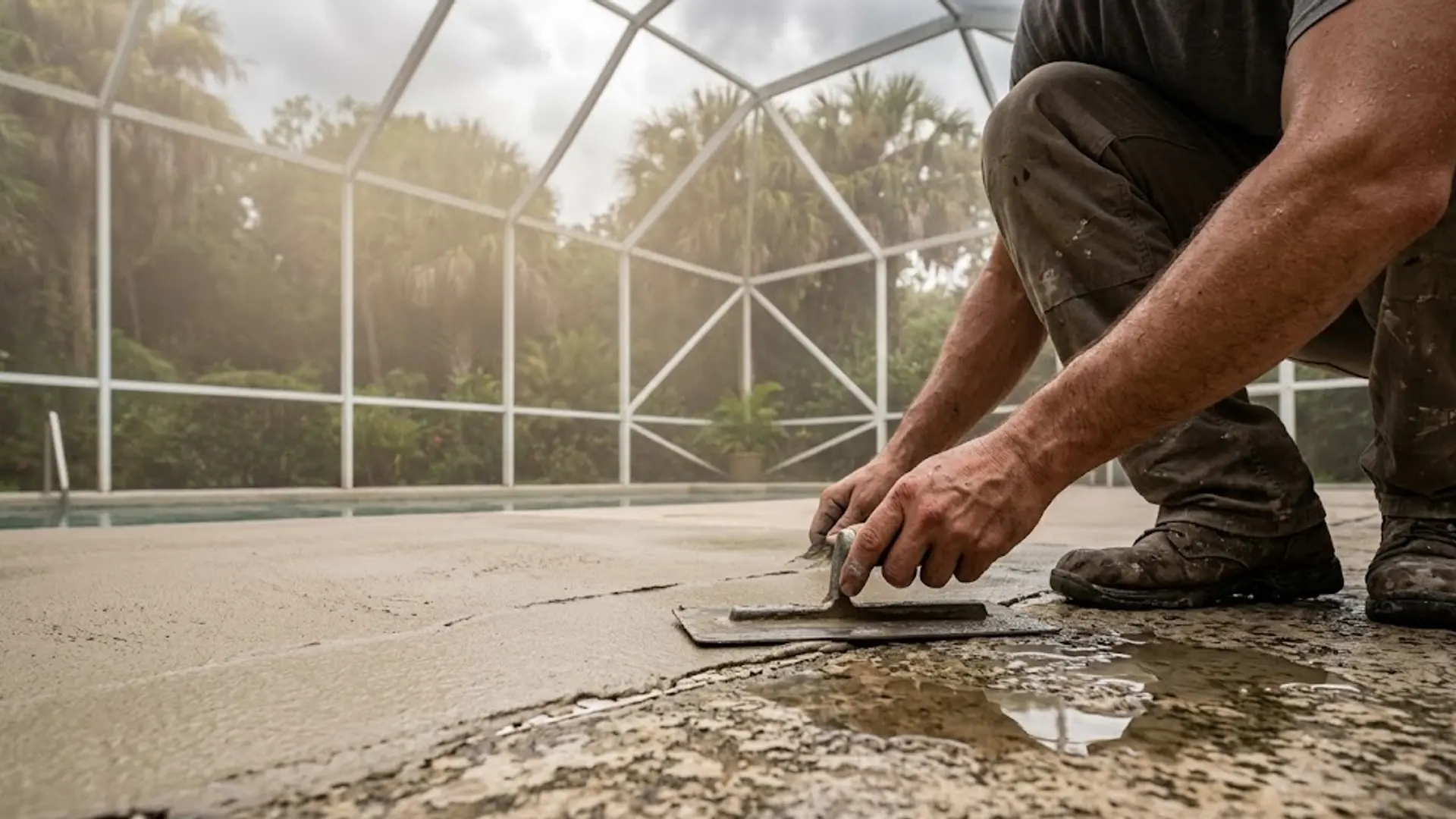Person trowels wet concrete floor inside a screened enclosure, smoothing the surface.