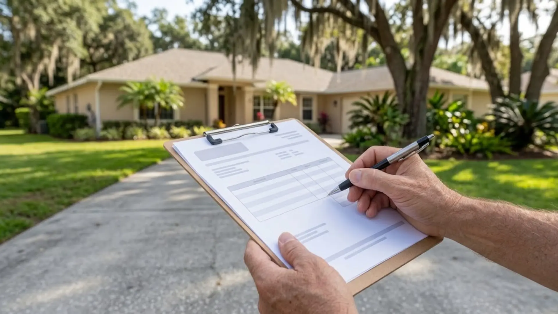 Person filling out a form on a clipboard in front of a suburban house driveway
