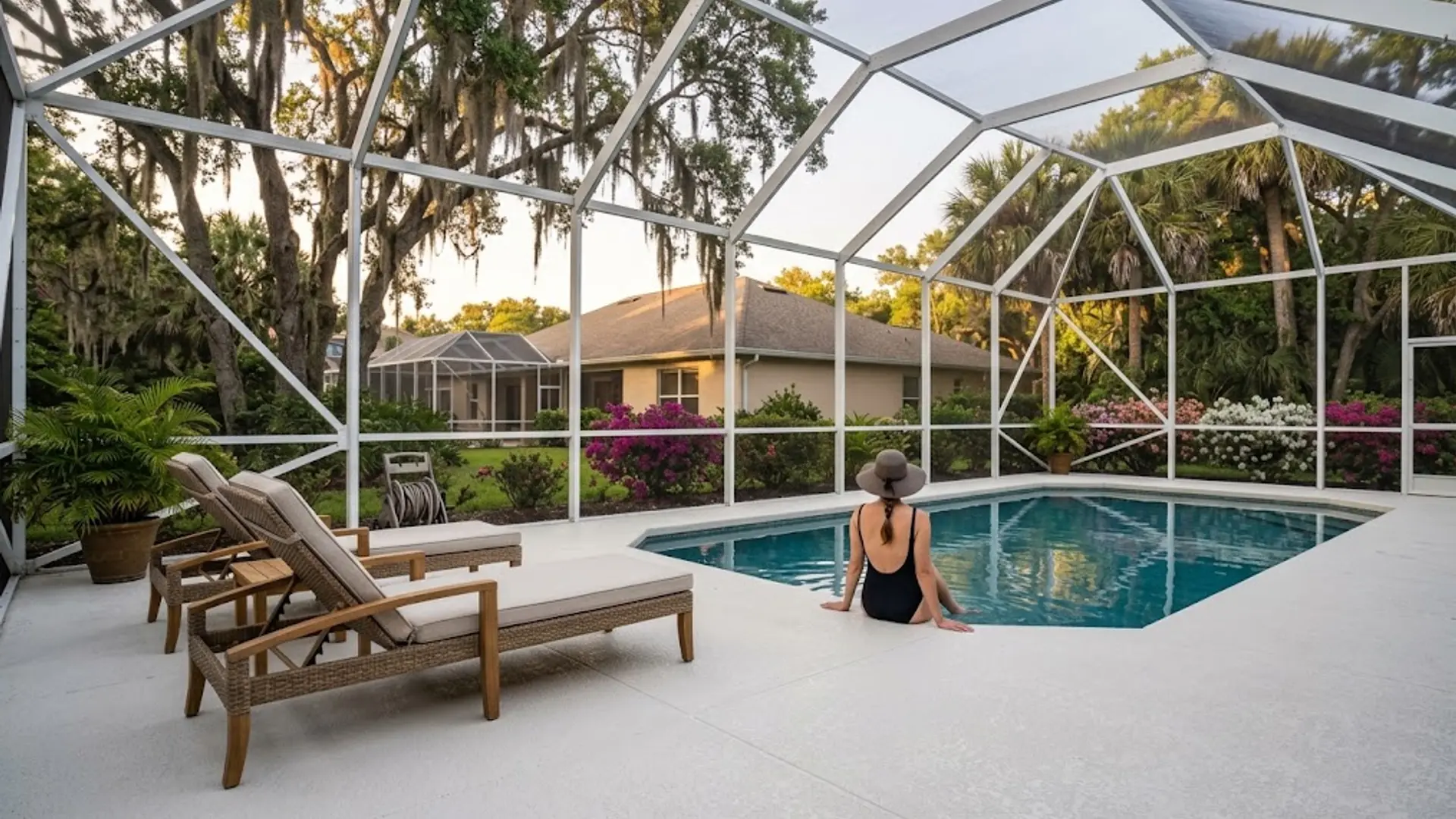 Person sitting by a screened-in backyard pool with lounge chairs and trees at sunset