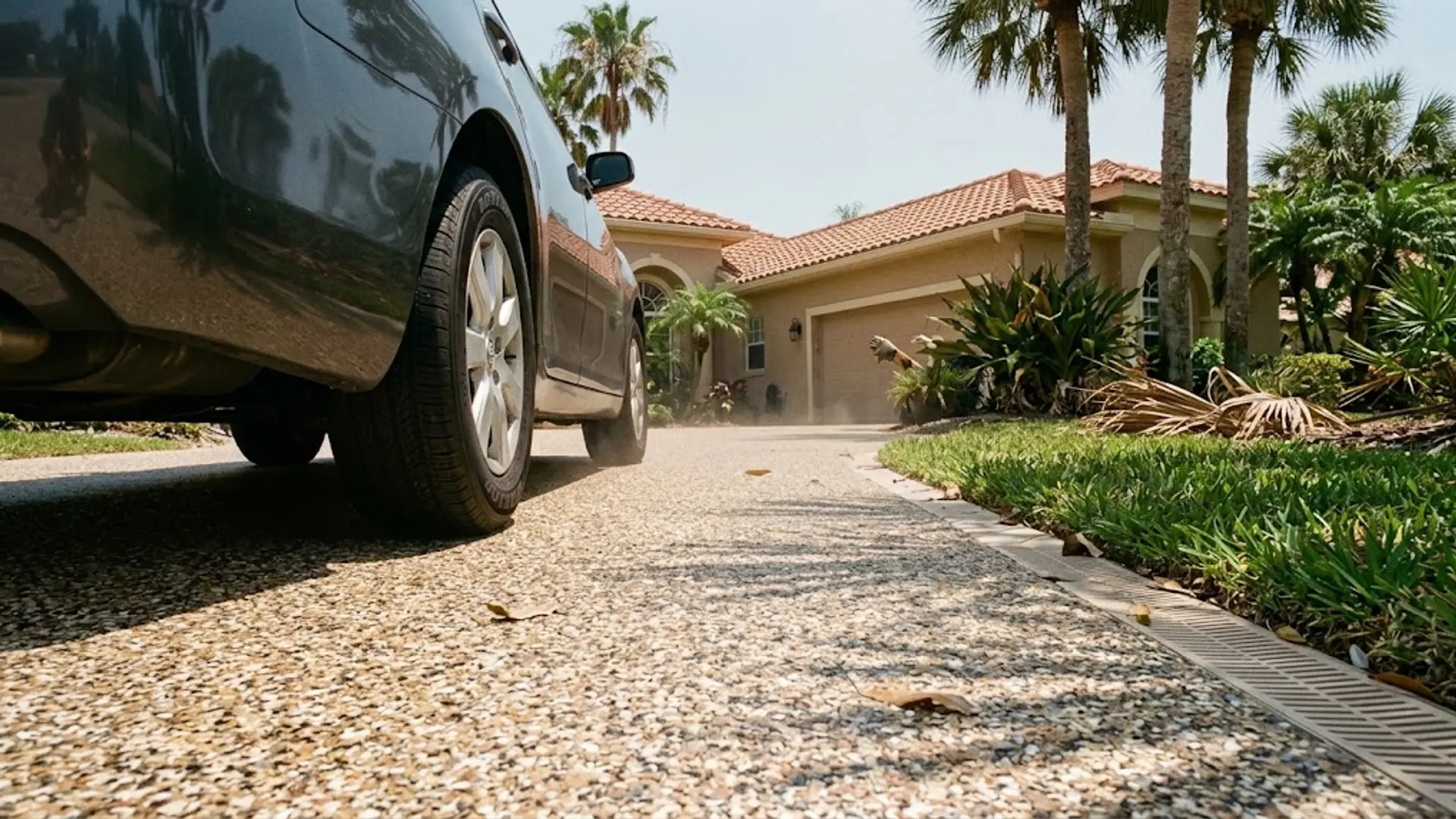 SUV parked in a driveway beside a suburban house, low-angle view with palm trees and bright sun.