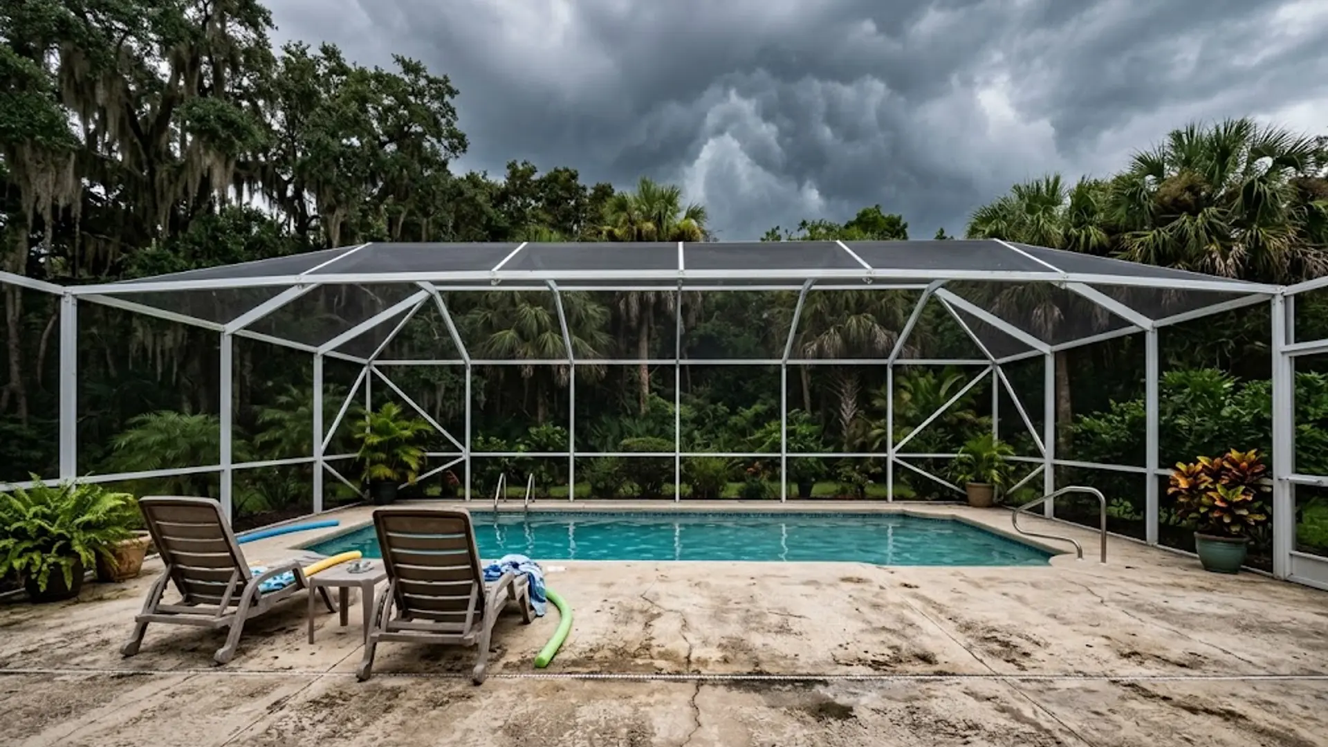 Screened backyard pool with two lounge chairs, concrete patio, and palm trees beyond the fence