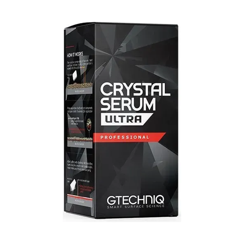 Black Gtechniq Crystal Serum Ultra professional product box on a dark geometric background