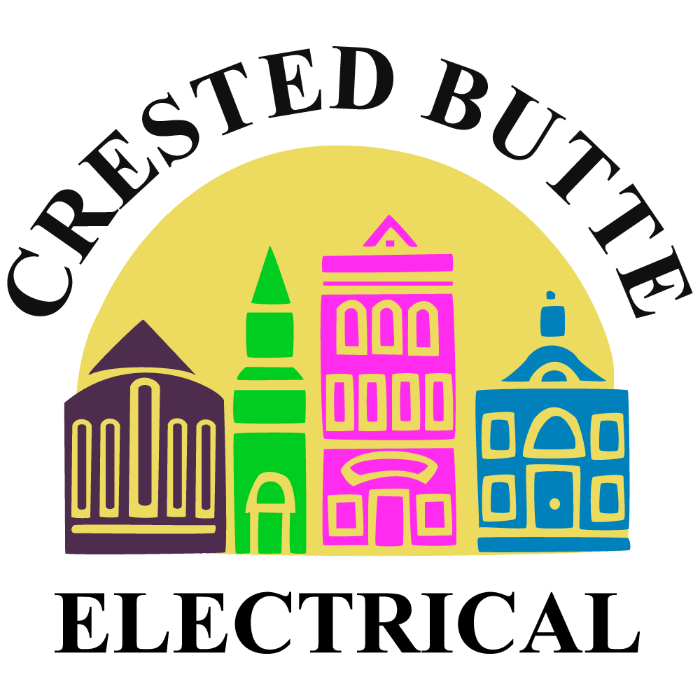Logo for Crested Butte Electrical: colorful stylized buildings against a yellow sun, with text