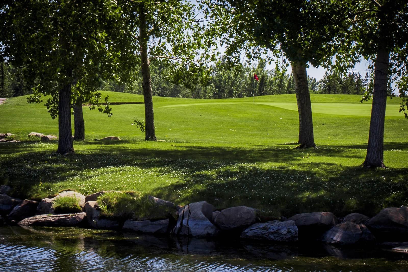 Lush green golf course scene with trees and a small pond, red flag visible.