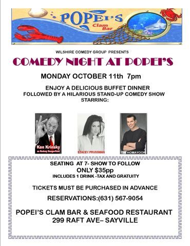Comedy Night flyer at Popei's, Buffet & show with Ken Kransky, Sue Murgia & Steve Shaffer, $35pp.