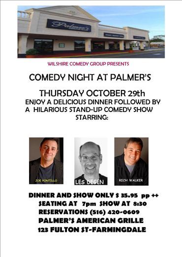 Comedy Night at Palmer's flyer: Oct 29 dinner & stand-up show