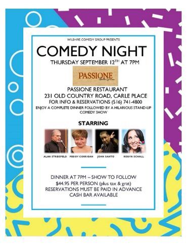 Comedy Night flyer at Passione Restaurant, Sept 12, featuring stand-up comics.