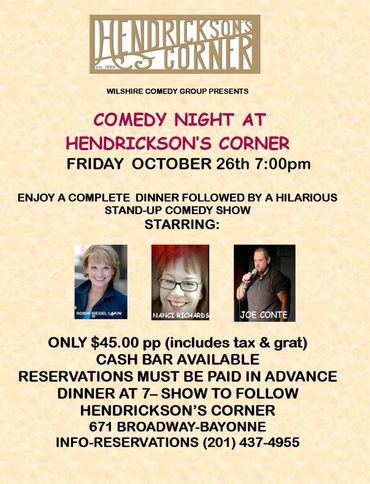 Comedy night flyer at Hendrickson's Corner on October 26th.