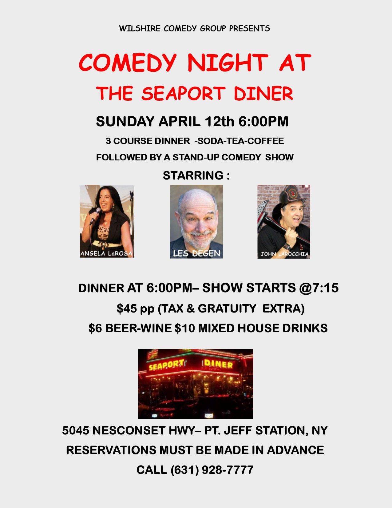 Flyer for a Comedy Night at The Seaport Diner on Jan 11th at 6:00 PM,